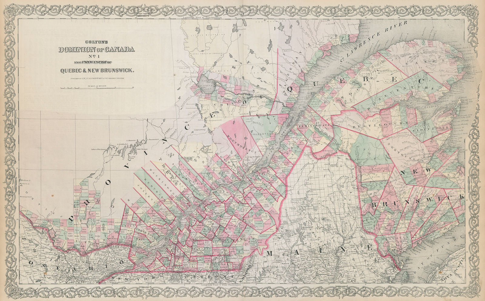 Colton's Dominion of Canada No. 1 Quebec & New Brunswick. St Lawrence 1869 map